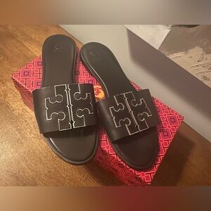 Tory Burch Black Logo Slide Sandals with Contrast Stitching